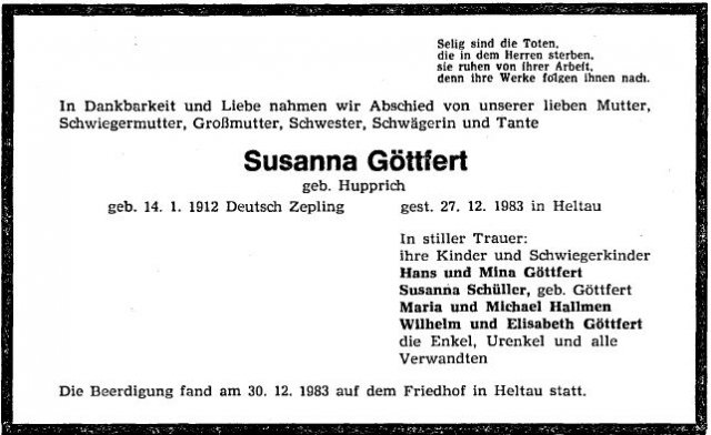 Hupprich Susanna 1912-1983 Todesanzeige